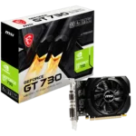 MSI GeForce GT 730 graphics card with black and green dual-fan cooler design, featuring the GT 730 branding on the shroud