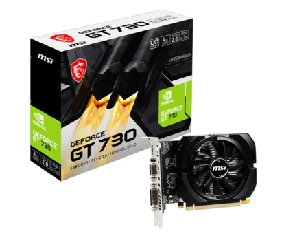 MSI GeForce GT 730 graphics card with black and green dual-fan cooler design, featuring the GT 730 branding on the shroud