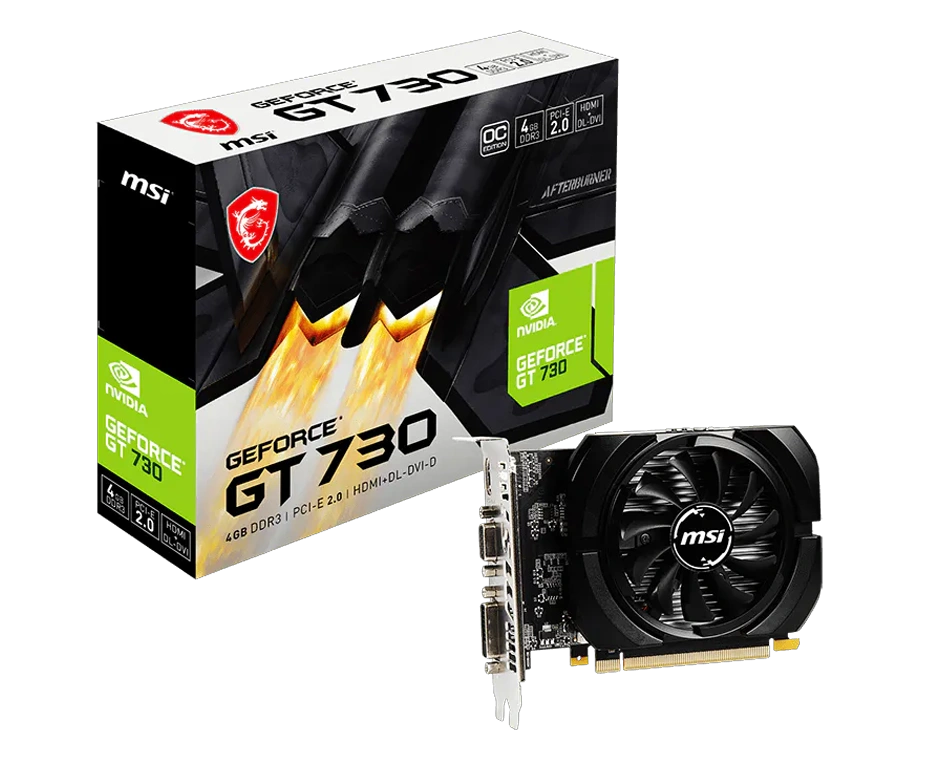 MSI GeForce GT 730 graphics card with black and green dual-fan cooler design, featuring the GT 730 branding on the shroud