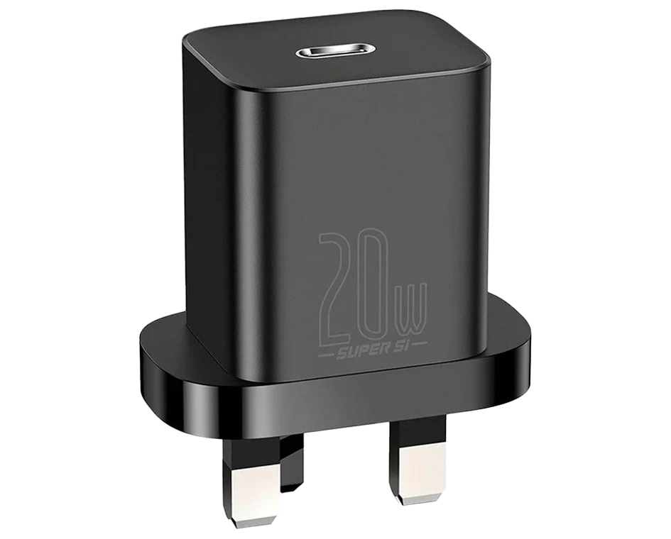 Super Si Quick Charger-1 Baseus 20W Super Si Quick Charger 1C UK Black With Baseus Simple Wisdom Data Cable - Image 1
